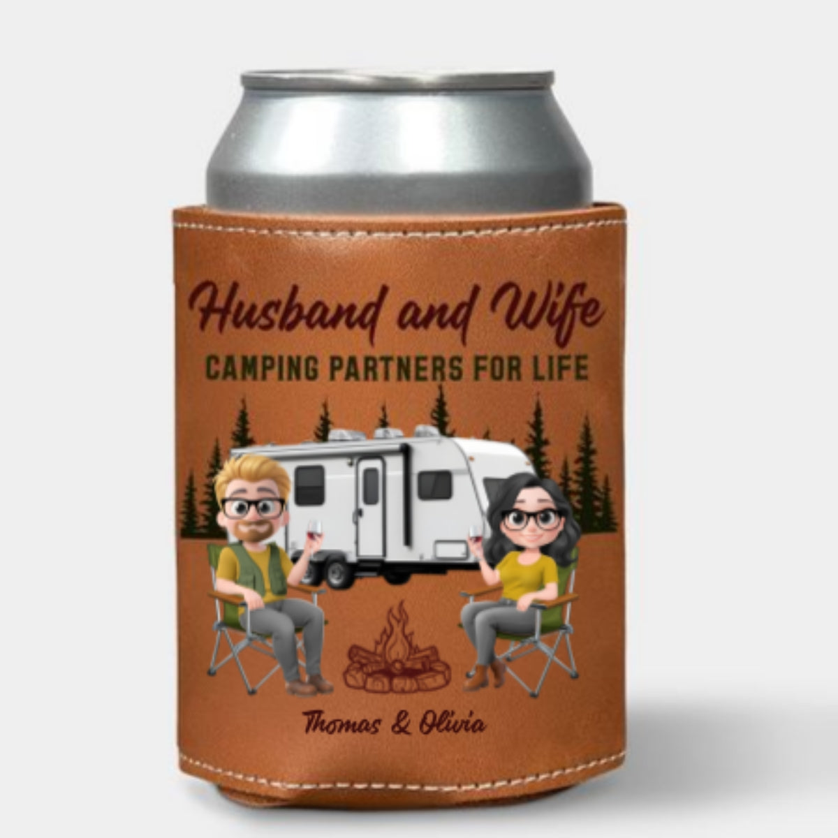 Camping Together For Life - Personalized Leather Can Cooler Holder