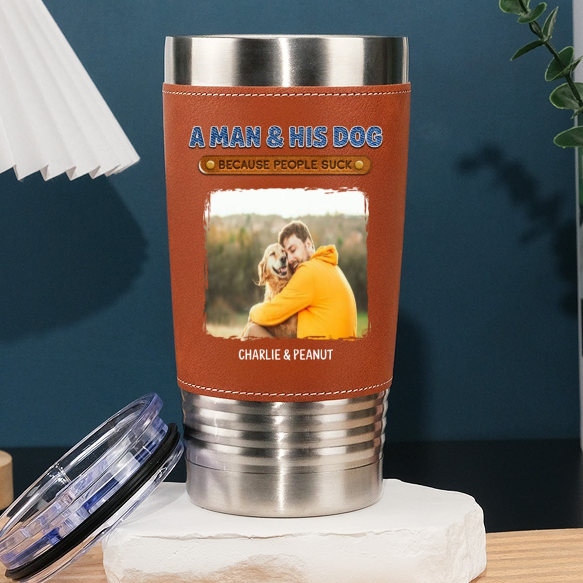 Custom Photo Christmas Birthday Gifts For Dog Dad, Dog Lovers • A Gentleman And His Dog Photo - Personalized Leather Tumbler
