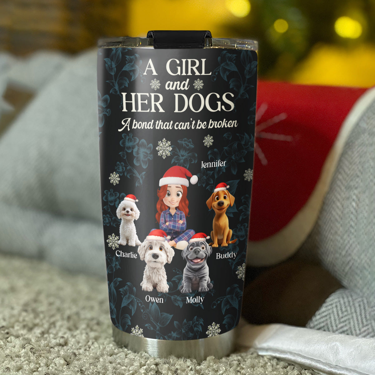 Custom Christmas Birthday Gifts For Dog Mom, Dog Lovers • Charming Christmas Girl And Dogs - Personalized Tumbler