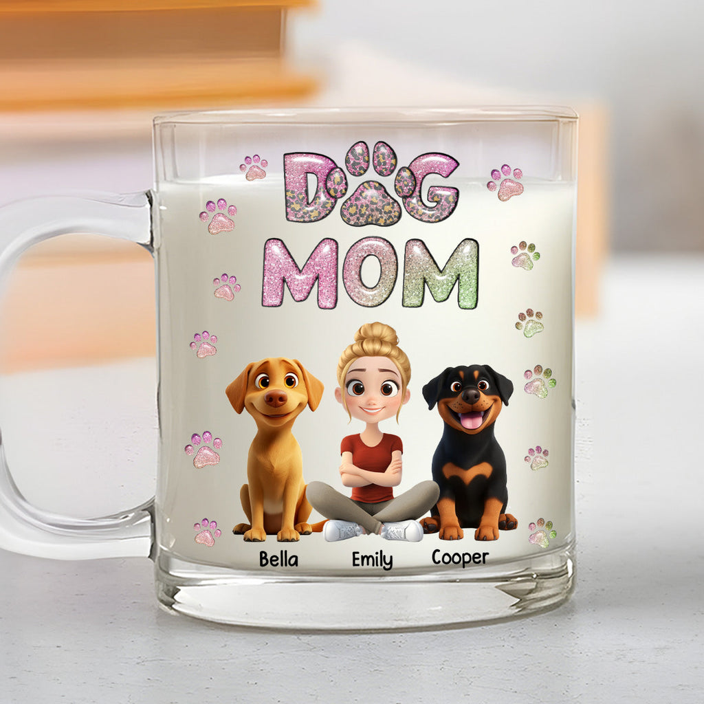 Custom Christmas Birthday Gifts For Dog Mom, Dog Lovers • Dog Mom Lovely Chibi - Personalized 3D Inflated Effect Glass Mug