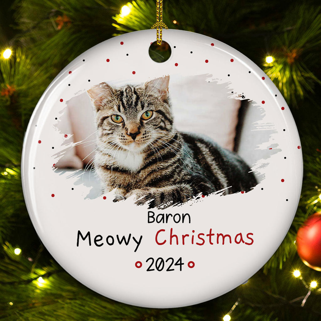 Meowy Christmas Photo - Personalized Circle Ceramic Ornament