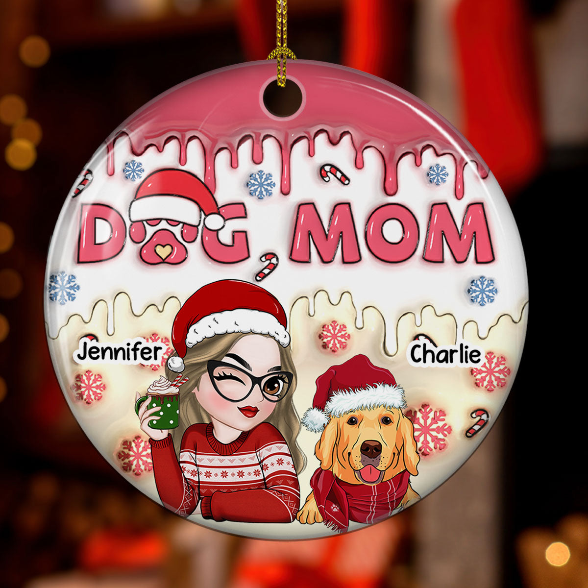 Custom Christmas Decor Home Birthday Gifts For Dog Mom, Dog Lovers • Dog Mom Happy Pawlidays - Personalized 3D Inflated Effect Ceramic Ornament