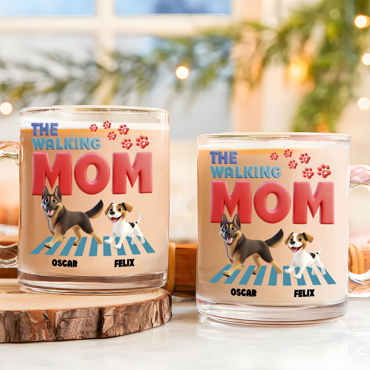 Custom Mother's day Birthday Gifts For Dog Mom, Dog Lovers • Lovely Walking Mom Cartoon - Personalized Glass Mug