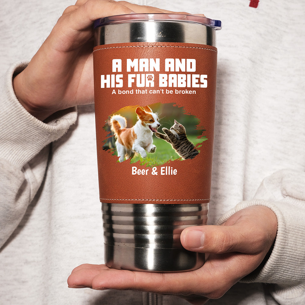 Custom Photo Father's day Birthday Gifts For Pet Dad, Pet Lovers • A Man And His Pets Photo - Personalized Leather Tumbler