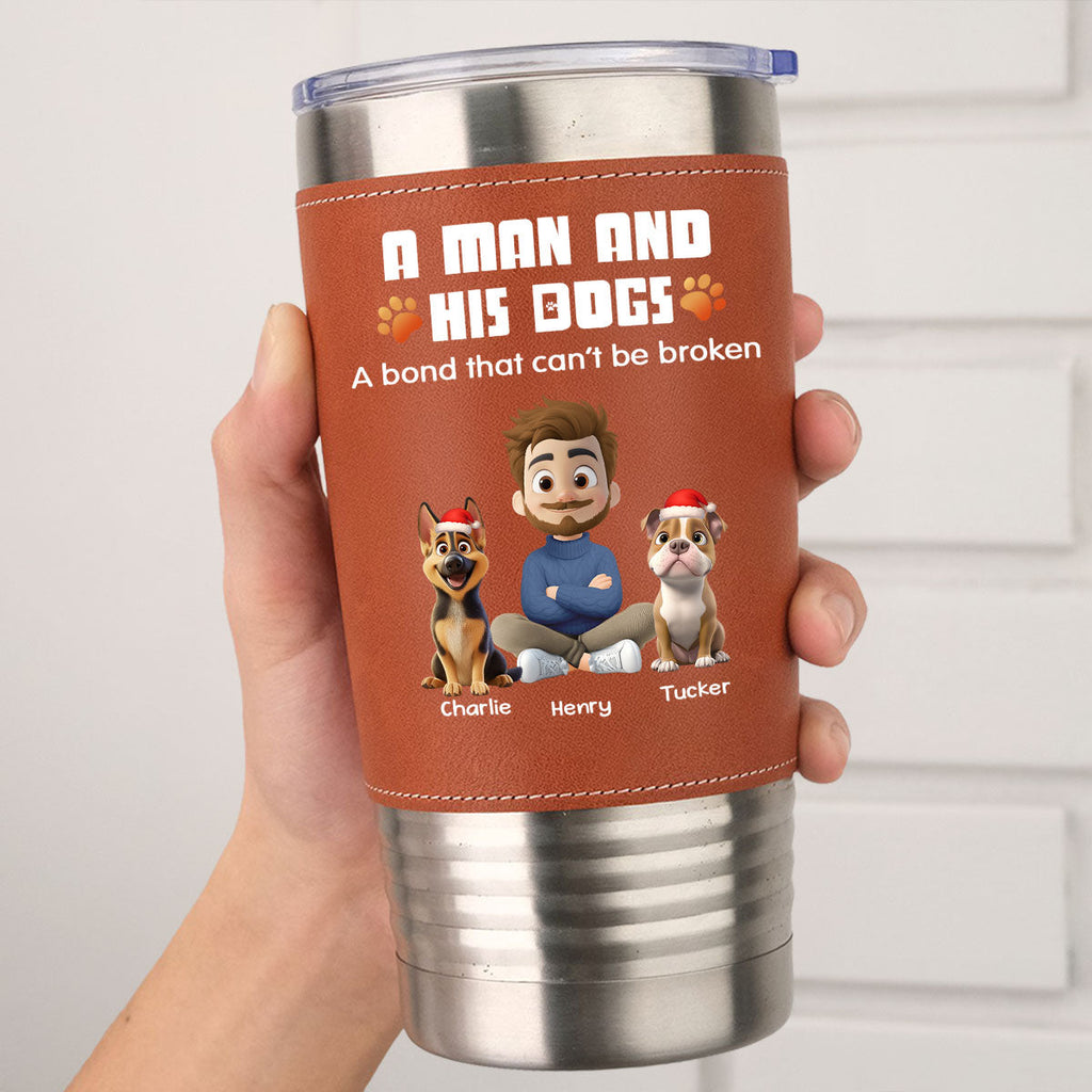 Custom Christmas Birthday Gifts For Dog Lovers • Human And Their Dog Cartoon Christmas - Personalized Leather Tumbler