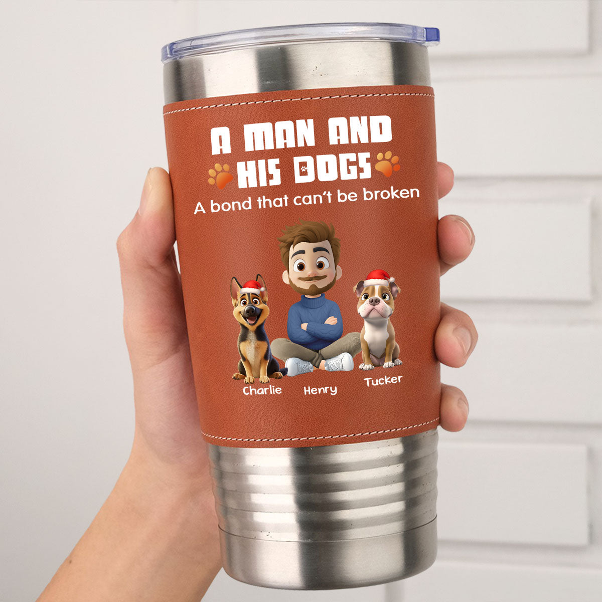 Custom Christmas Birthday Gifts For Dog Lovers • Human And Their Dog Cartoon Christmas - Personalized Leather Tumbler