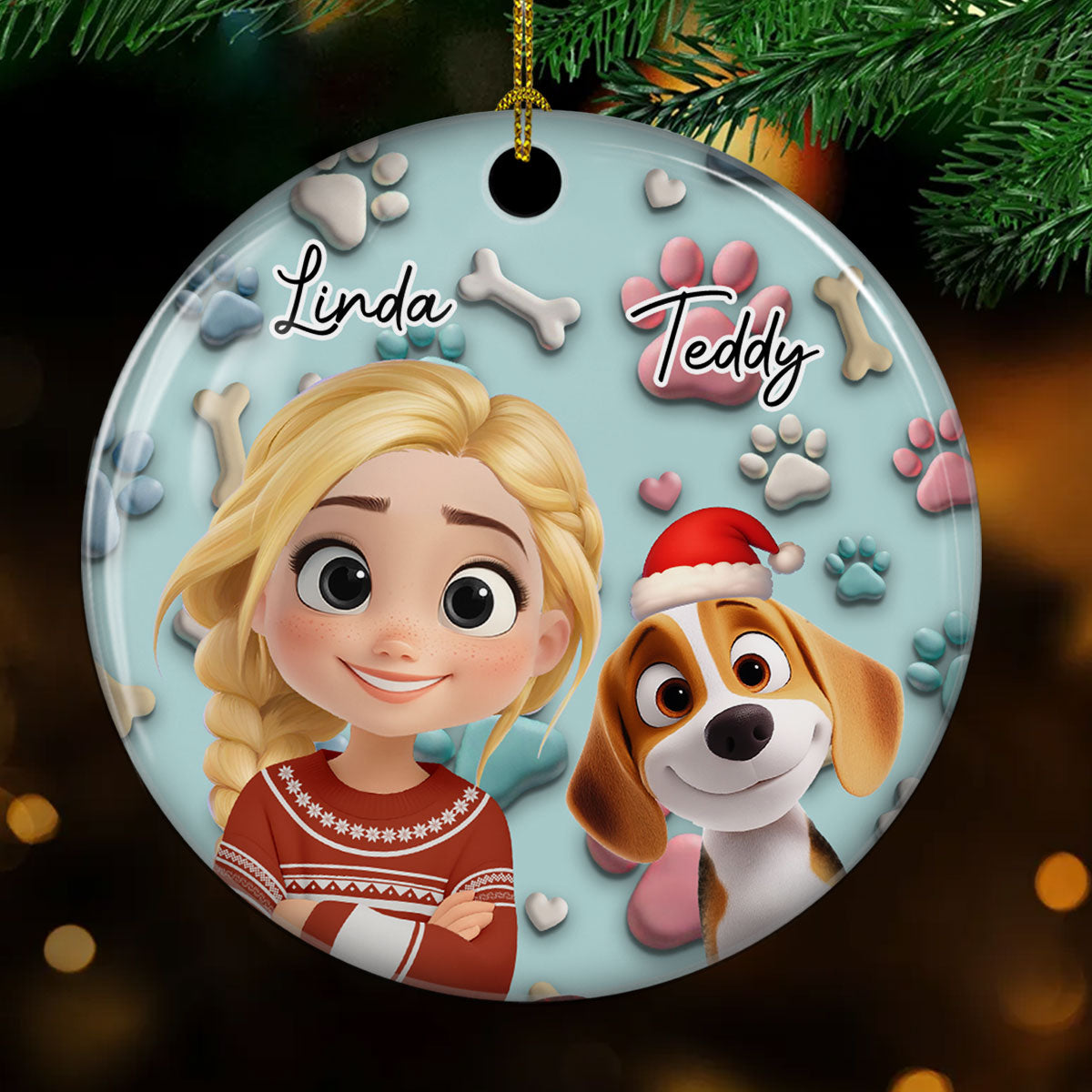 Custom Christmas Decor Home Birthday Gifts For Dog Mom, Dog Lovers • Dog And Human Cartoon - Personalized 3D Effect Ceramic Ornament