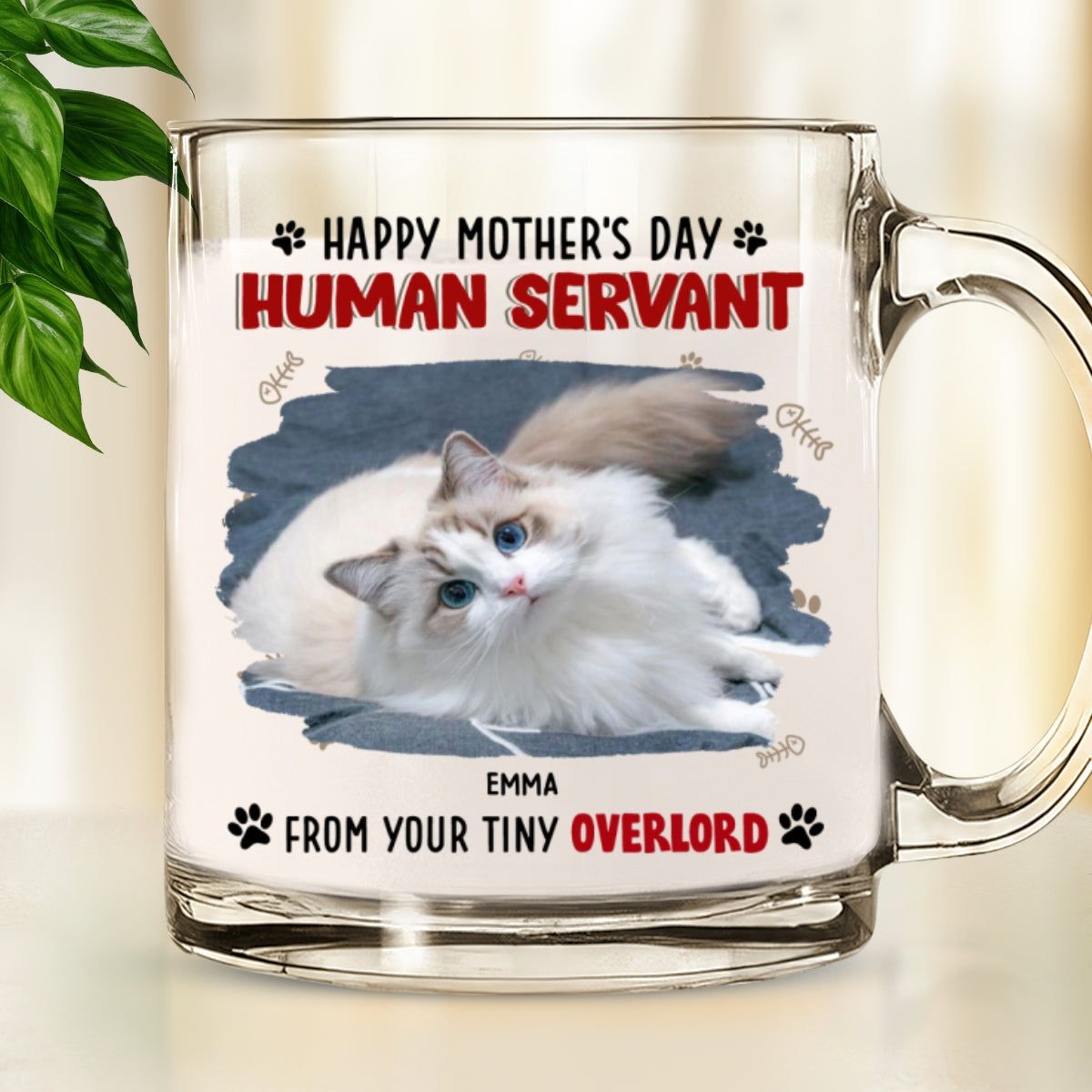 Custom Photo Mother's day Birthday Gifts For Cat Mom, Cat Lovers • Happy Human Servant Ver Cat Photo - Personalized Glass Mug
