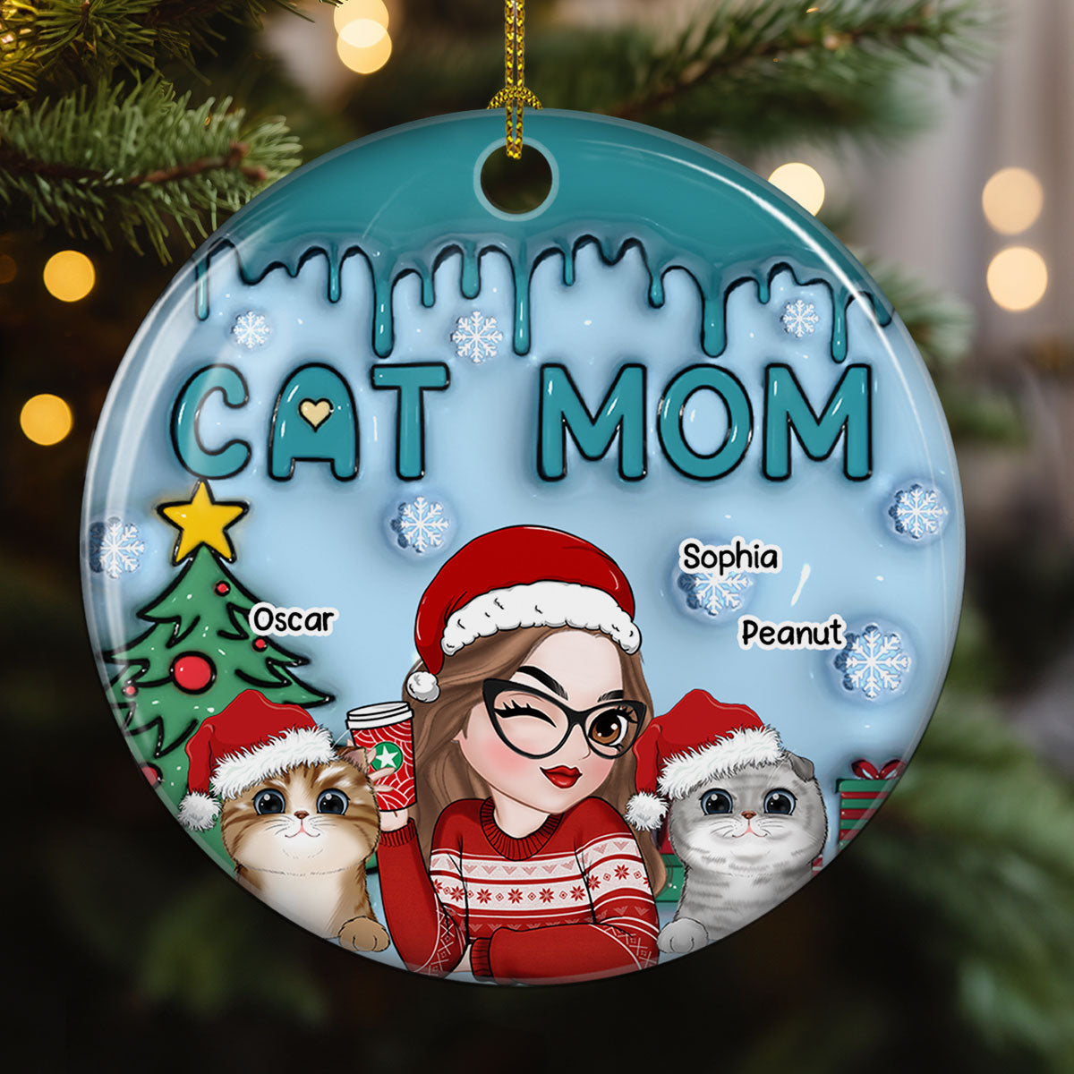 Custom Christmas Decor Home Birthday Gifts For Cat Mom, Cat Lovers • Lovely Cat Mom - Personalized 3D Inflated Effect Ceramic Ornament