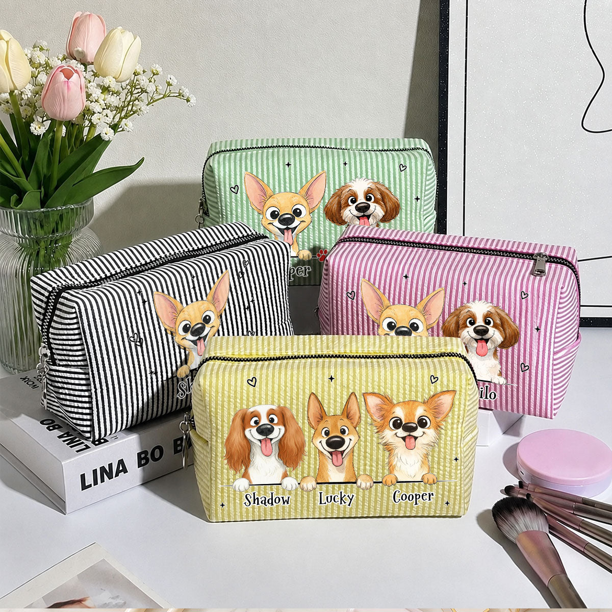 Dog Lover Gift - Personalized Seersucker Print Makeup Bag