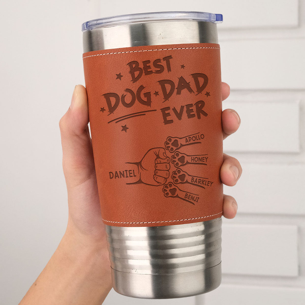 Custom Father's day Birthday Gifts For Dog Dad, Dog Lovers • Best Dog Dad Ever - Personalized Engraved Leather Tumbler