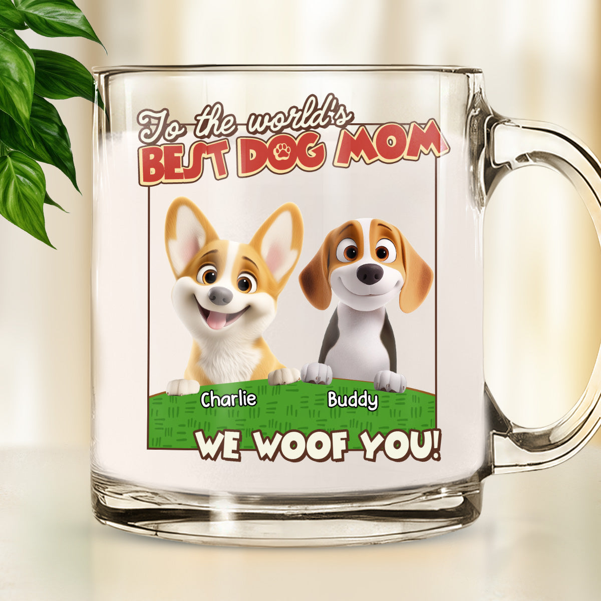 Custom Mother's day Birthday Gifts For Dog Mom, Dog Lovers • We Woof You Dog Mom Dad Cartoon - Personalized Glass Mug
