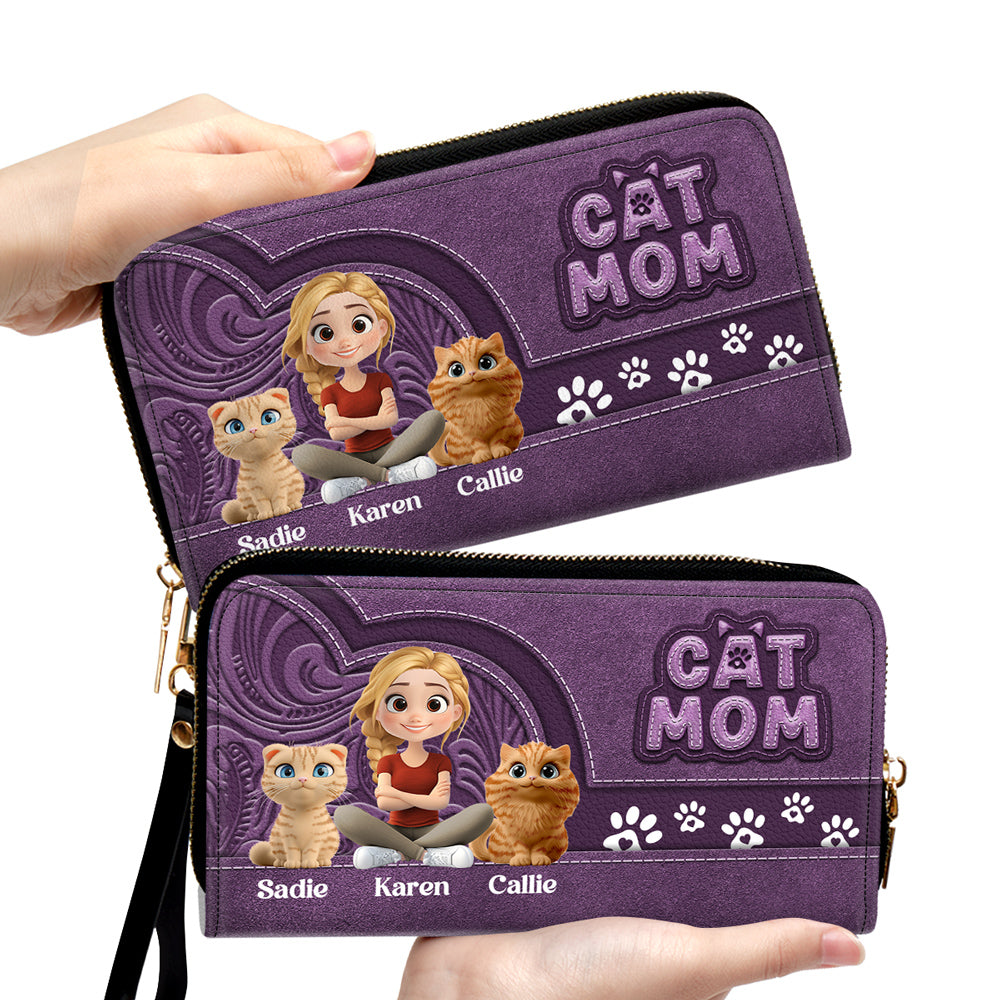Chibi Cartoon Cat Mom - Personalized Leather Wallet