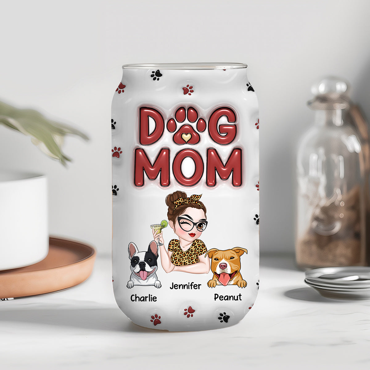 Lovely Dog Mom Mum - Personalized 3D Inflated Effect Glass Can