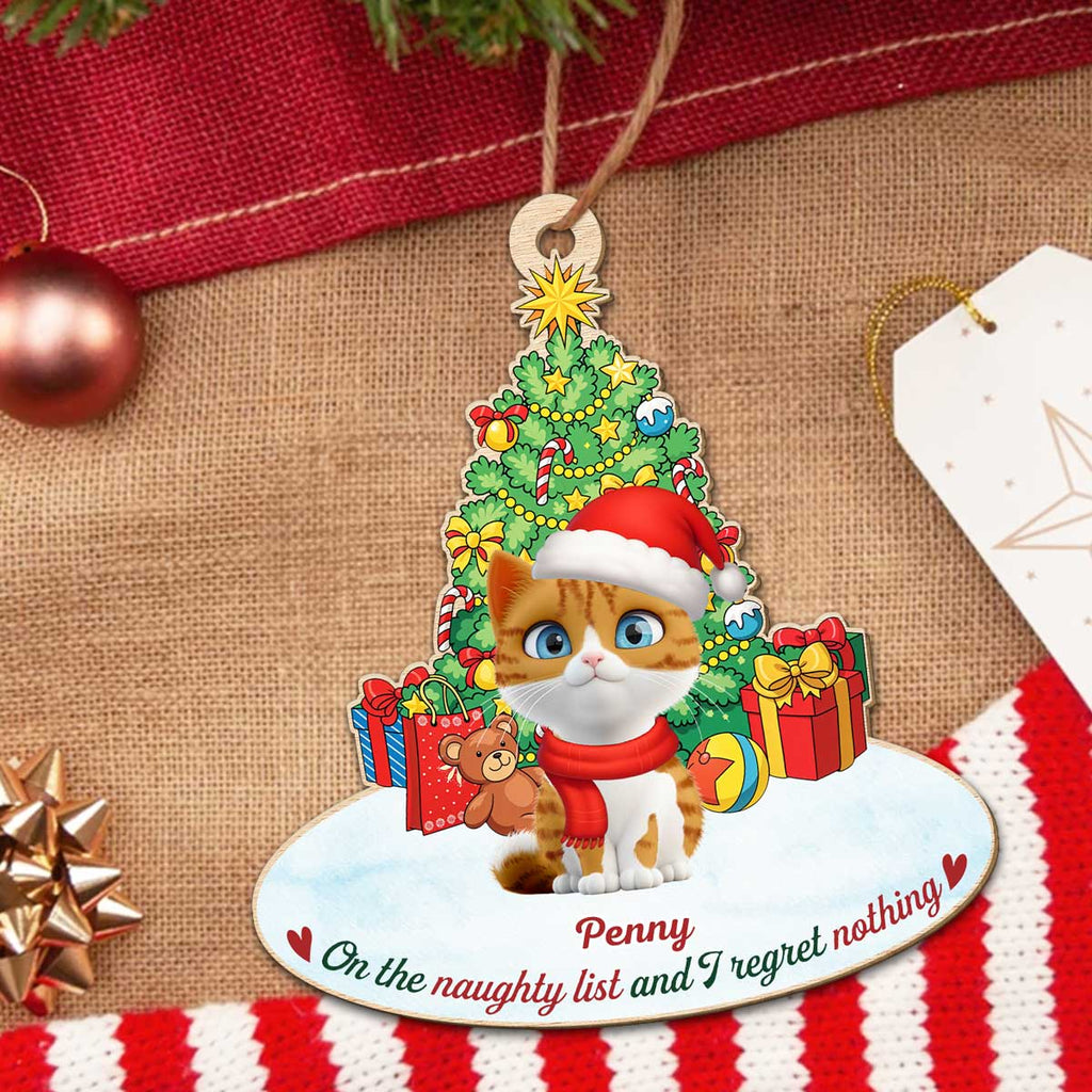 Custom Christmas Decor Home Birthday Gifts For Cat Lovers • On The Naughty List Cat Cartoonize - Personalized Wood Ornament