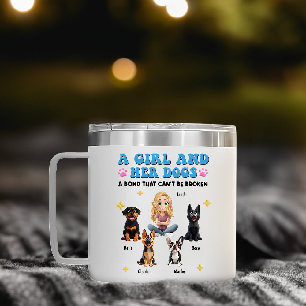 Custom Christmas Birthday Gifts For Dog Mom, Dog Lovers • A Girl And Her Dogs - Personalized 14oz Stainless Steel Tumbler With Handle