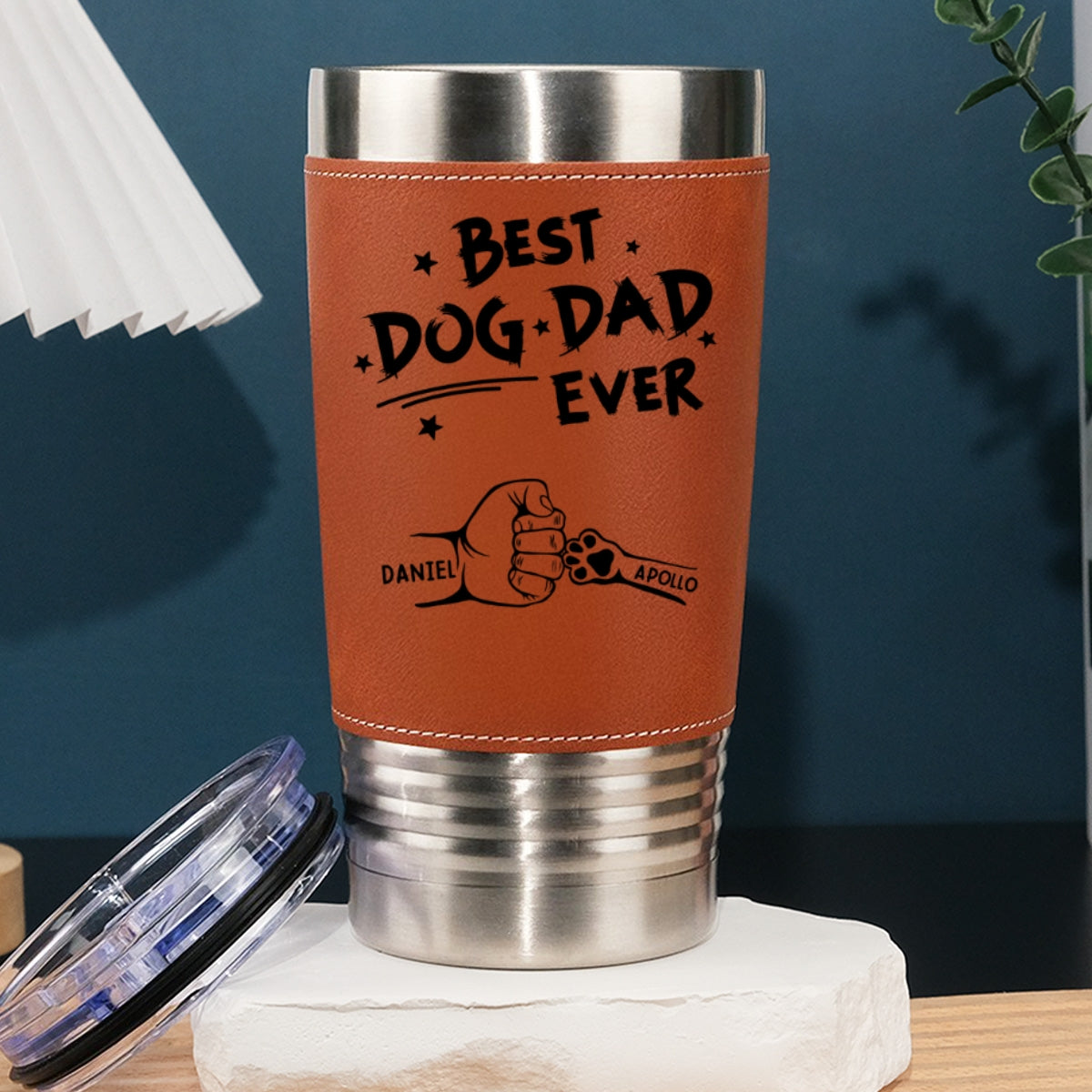 Custom Father's day Birthday Gifts For Dog Dad, Dog Lovers • Best Dog Dad Ever - Personalized Engraved Leather Tumbler