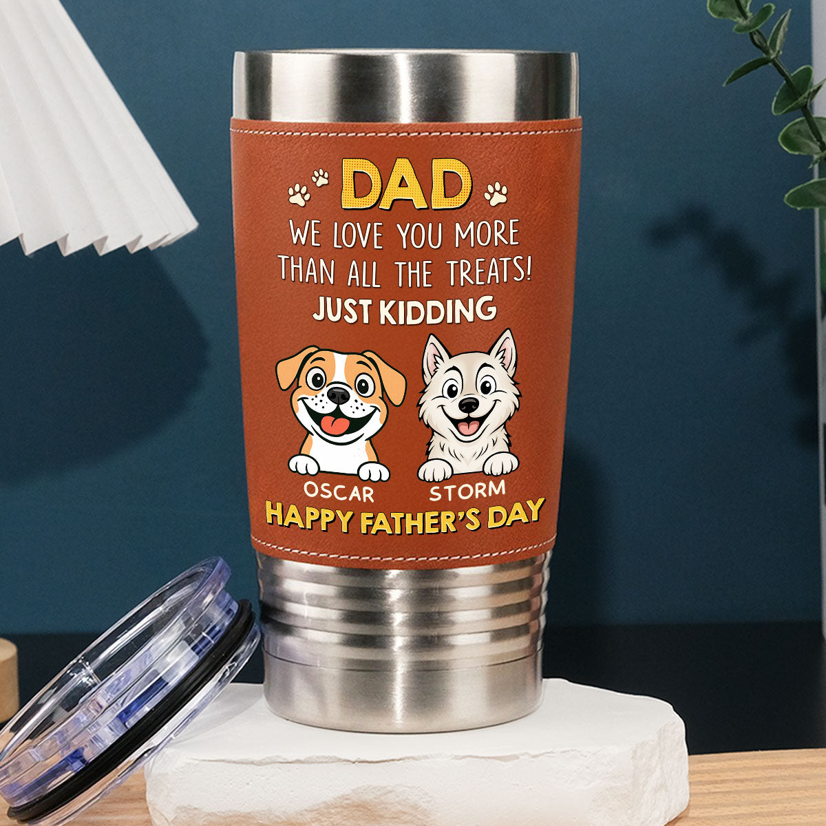 Custom Father's day Birthday Gifts For Dog Dad, Dog Lovers • Dog Loves You More Than Treats - Personalized Leather Tumbler