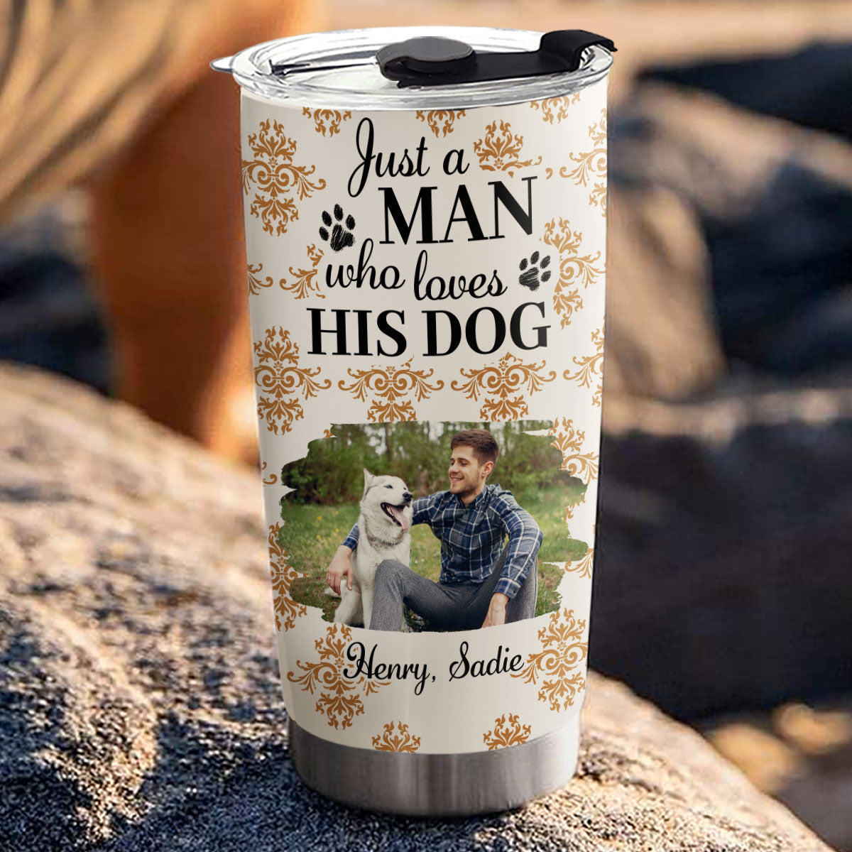 Custom Photo Christmas Birthday Gifts For Dog Dad, Dog Lovers • Pumskin Dog Autumn Ver Man Photo - Personalized Tumbler
