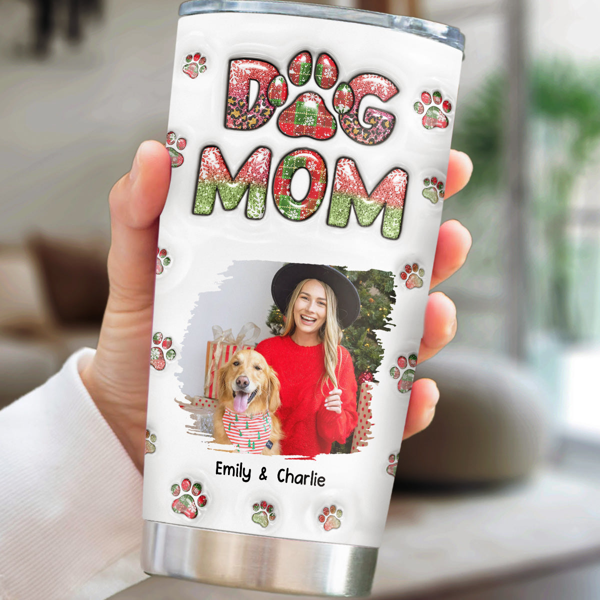 Custom Photo Christmas Birthday Gifts For Dog Mom, Dog Lovers • Dog Mom Lovely Chibi Ver Christmas Photo - Personalized 3D Inflated Effect Tumbler