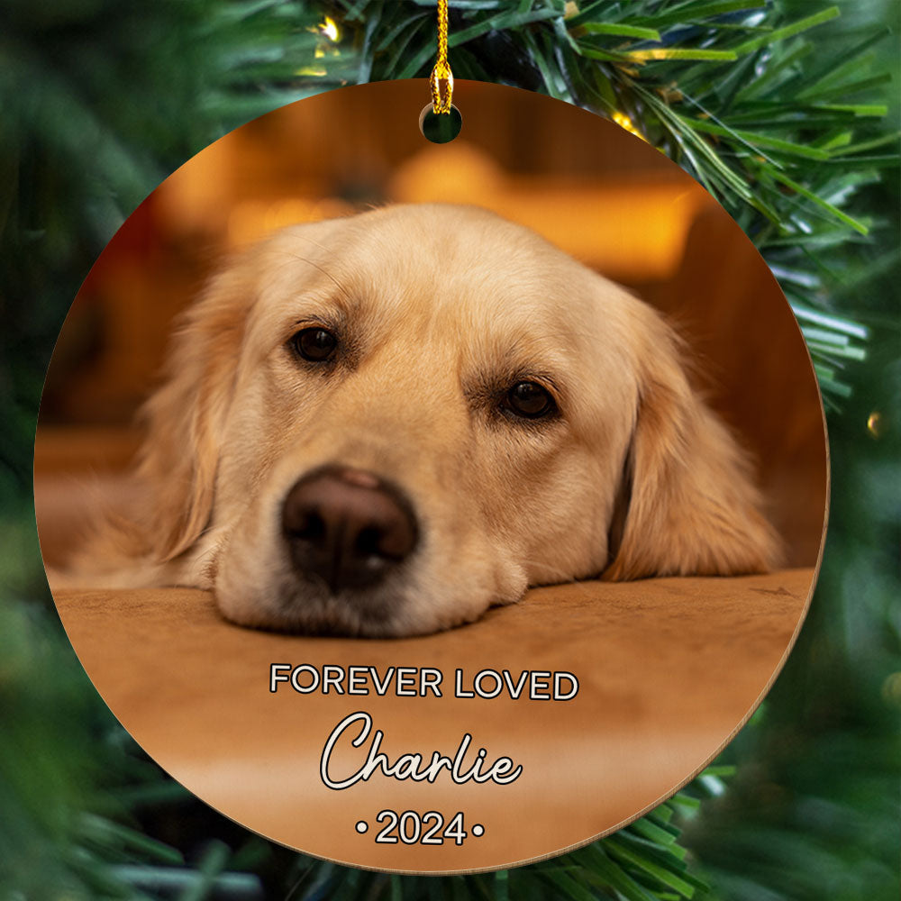 Custom Christmas Memorial Sympathy Gifts For Dogs, Cats • Forever Loved Photo Pet Memorial - Personalized Wood Ornament