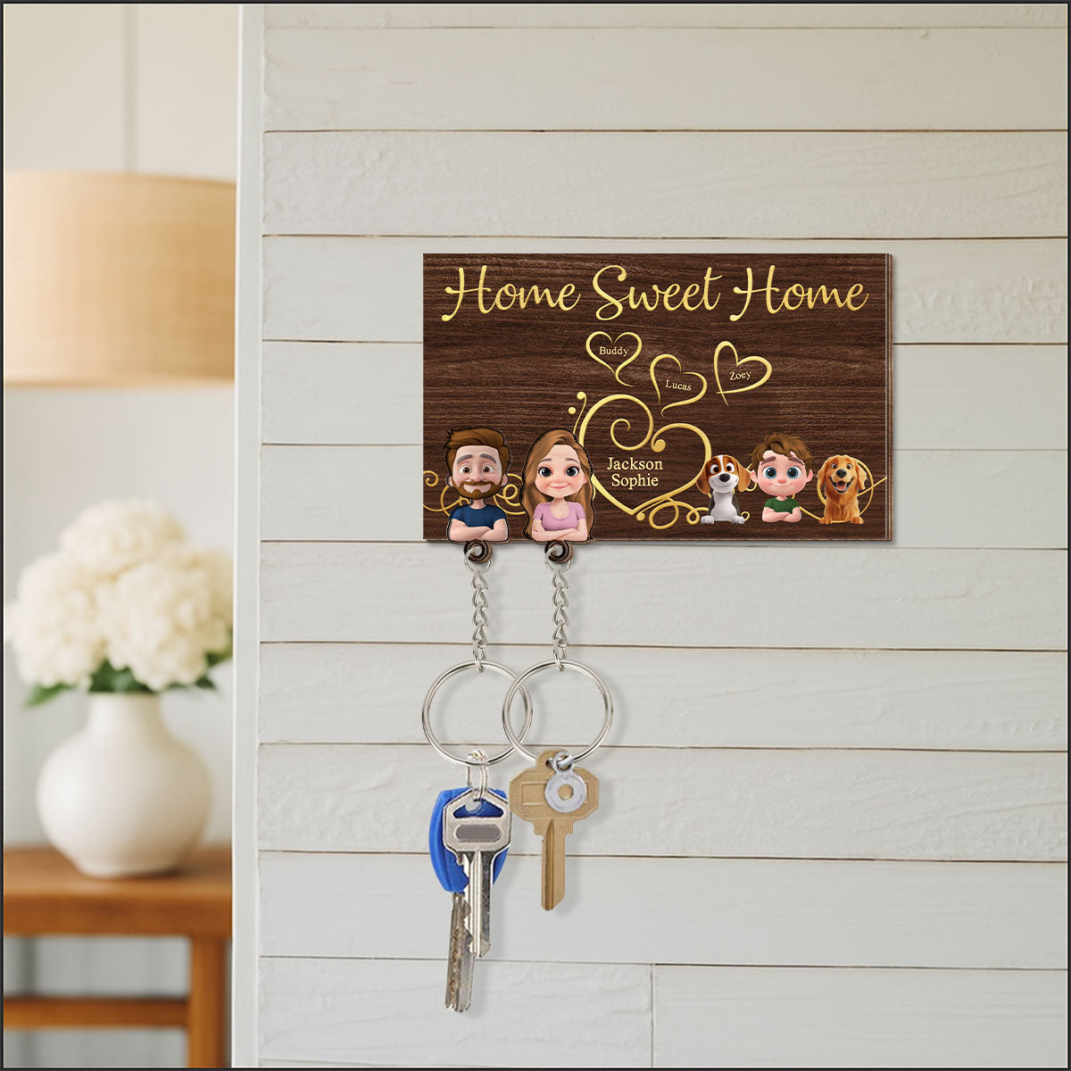 The Heart Is The Key To Home - Personalized Wooden Key Holder With Keychain