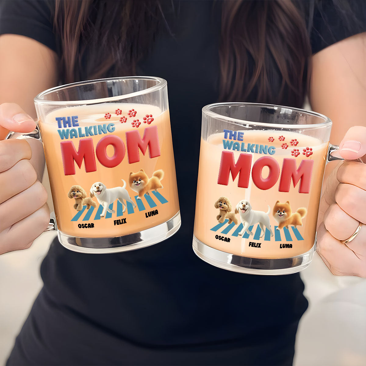 Custom Mother's day Birthday Gifts For Dog Mom, Dog Lovers • Lovely Walking Mom Cartoon - Personalized Glass Mug