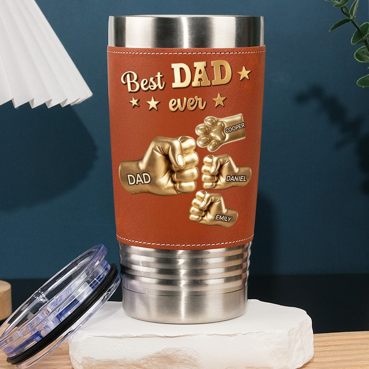 Custom Father's day Birthday Gifts For Dog Dad, Dog Lovers • Gold Best Dad Ver Paw 2 - Personalized Leather Tumbler