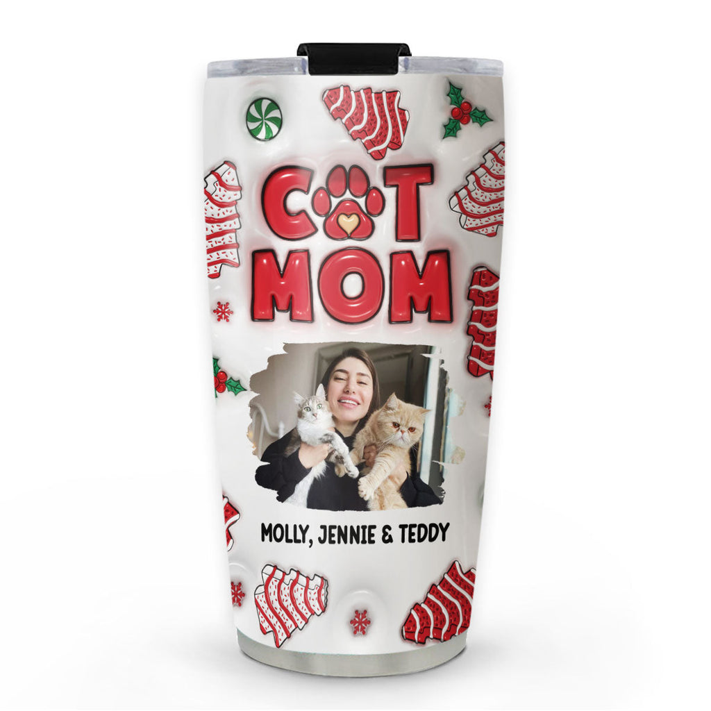 Custom Christmas Birthday Gifts For Pet Lovers • Cat Mom Christmas Cake Photo - Personalized 3D Inflated Effect Tumbler