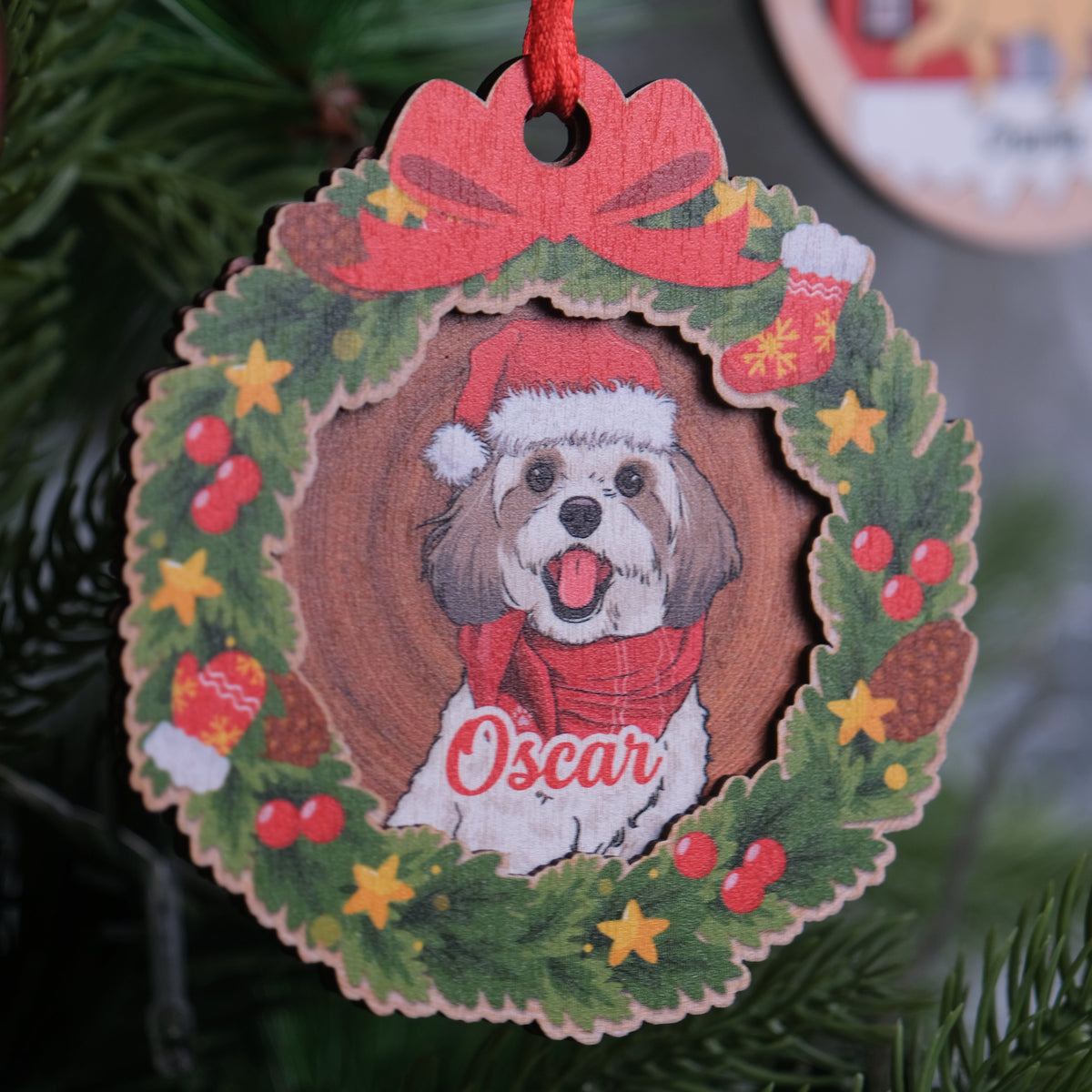 Custom Christmas Decor Home Birthday Gifts For Dog Lovers • Dog Wreath - Personalized 2-layered Wood Ornament