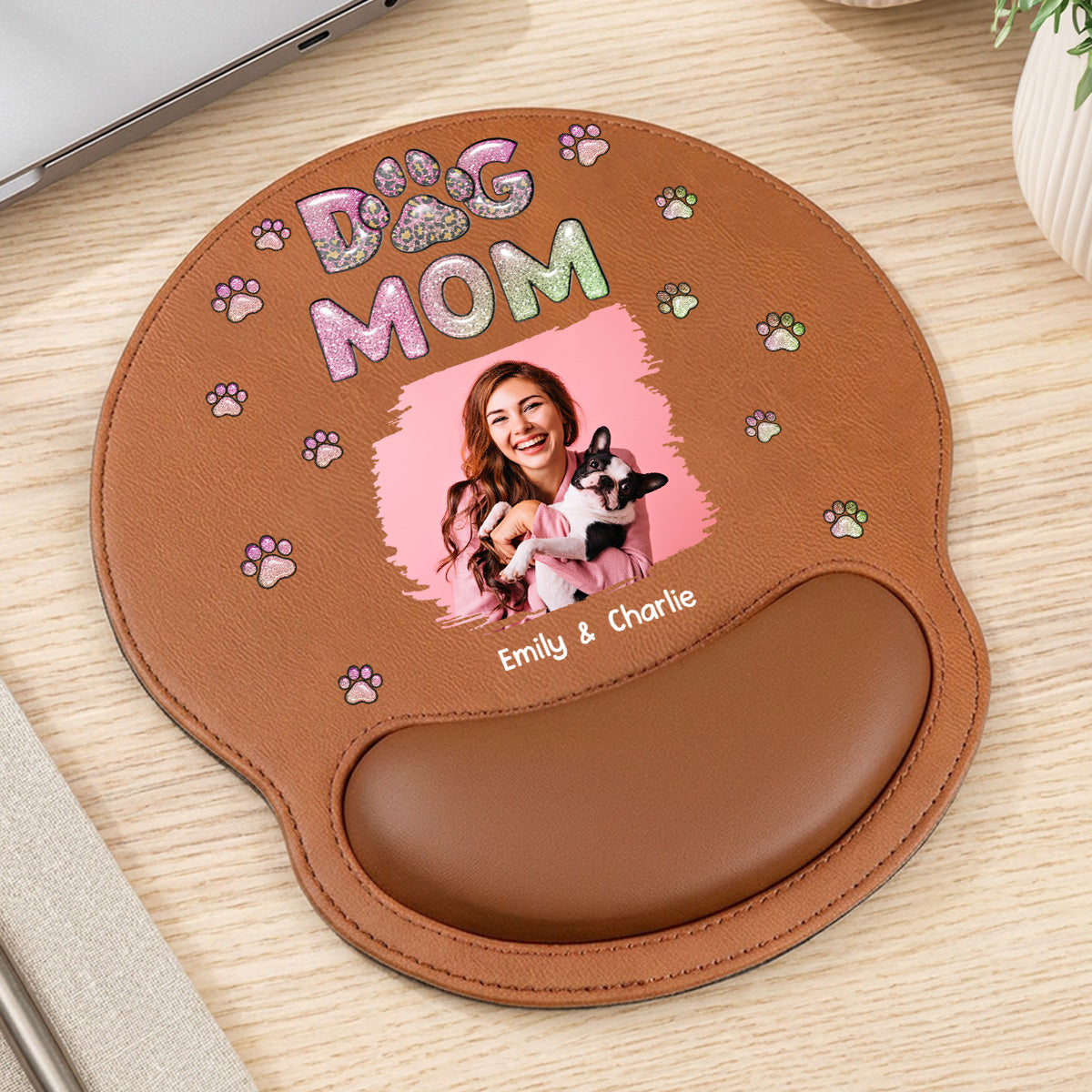 Dog Mom Lovely Chibi Photo - Personalized Leather Mouse Pad
