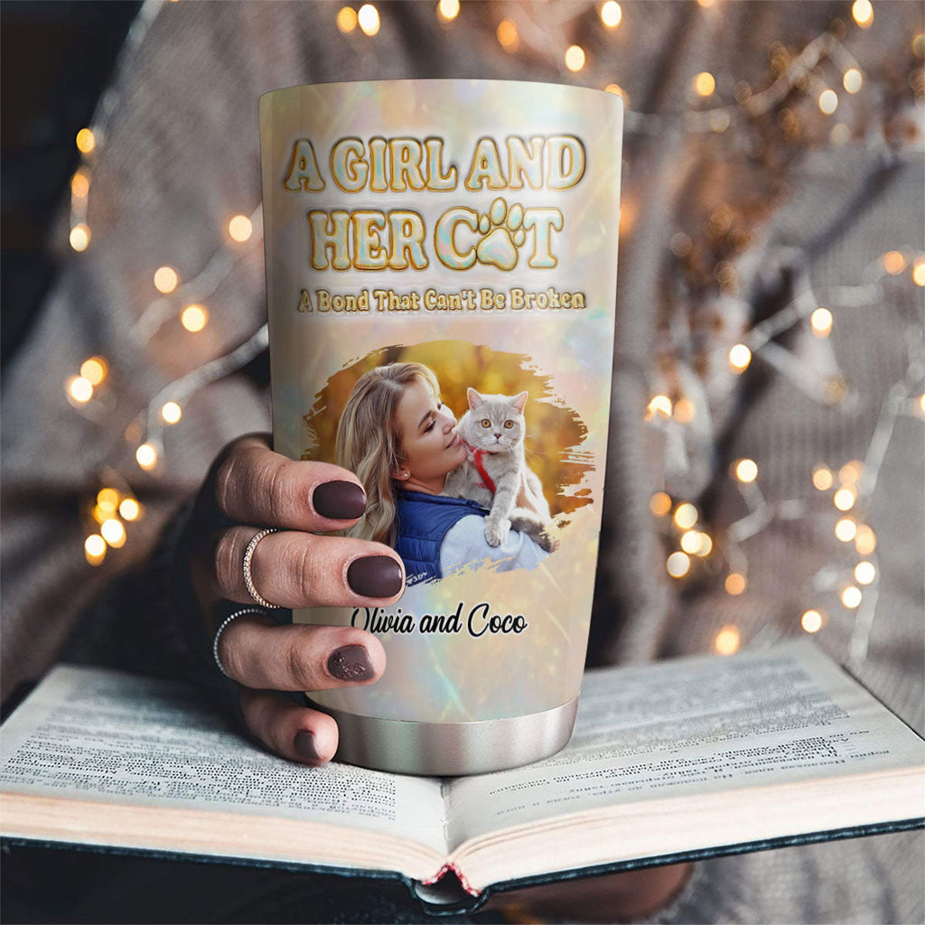 Custom Photo Christmas Birthday Gifts For Cat Mom, Cat Lovers • A Girl And Her Cat Pearl Photo - Personalized 3D Inflated Effect Tumbler