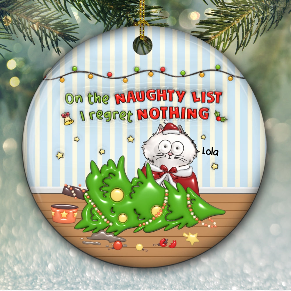 Custom Christmas Decor Home Birthday Gifts For Cat Lovers • Naughty List Catmas - Personalized 3D Inflated Effect Ceramic Ornament