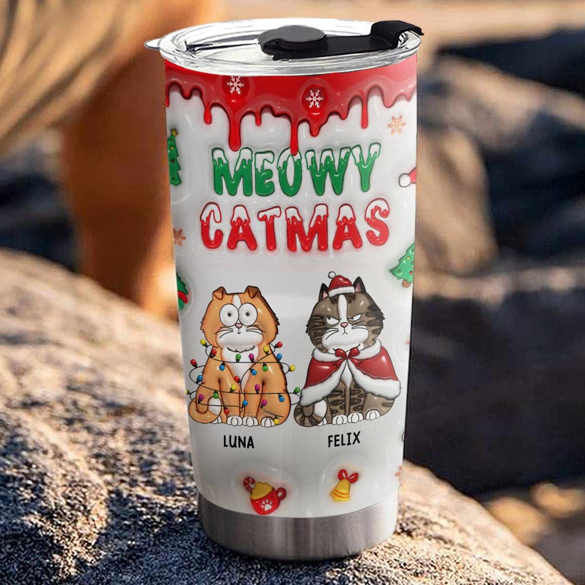 Custom Christmas Birthday Gifts For Pet Lovers • Meowy Christmas - Personalized 3D Inflated Effect Tumbler