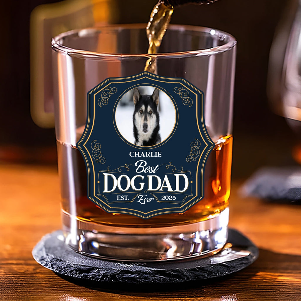 Dog Dad Est Photo - Personalized Engraved Whiskey Glass