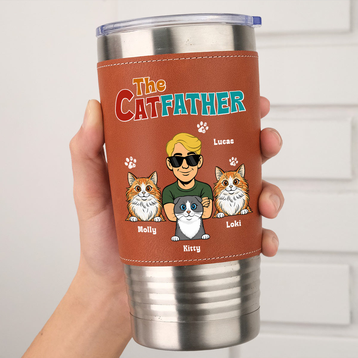 Custom Christmas Birthday Gifts For Cat Dad, Cat Lovers • Retro Cat Father - Personalized Leather Tumbler