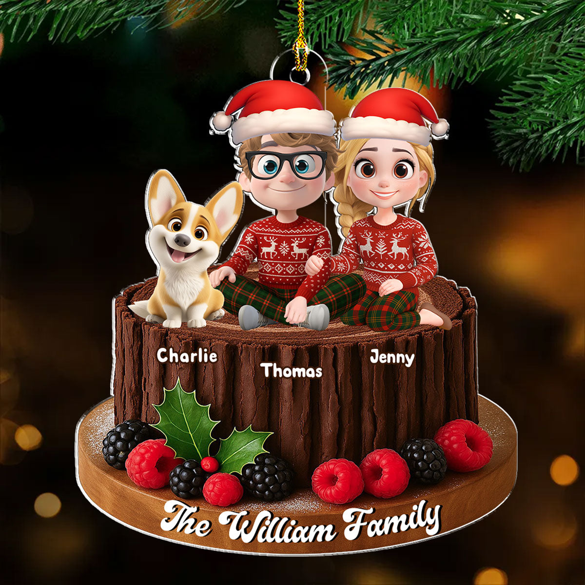 Custom Christmas Decor Home Birthday Gifts For Dog Lovers • Yule Log Cake Family - Personalized Acrylic Ornament