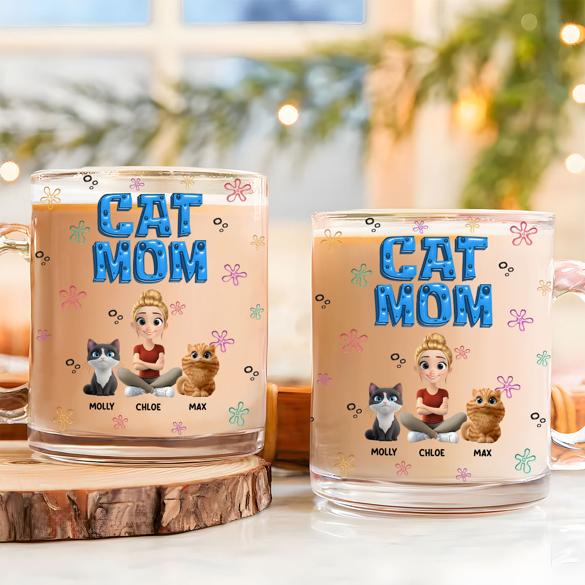 Custom Christmas Birthday Gifts For Cat Mom, Cat Lovers • Sponge Cat Mom - Personalized 3D Inflated Effect Glass Mug