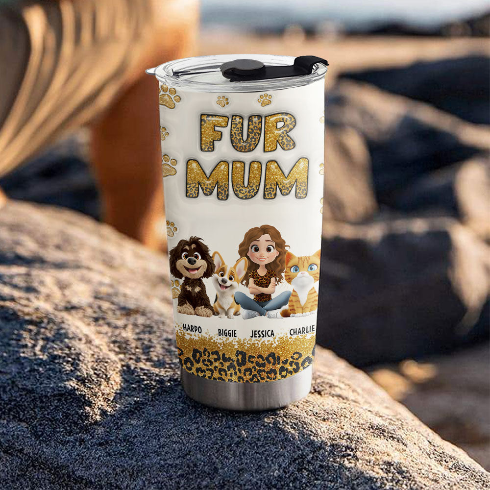 Custom Christmas Birthday Gifts For Cat Mom, Cat Lovers • Fur Mom Leopard - Personalized 3D Inflated Effect Tumbler