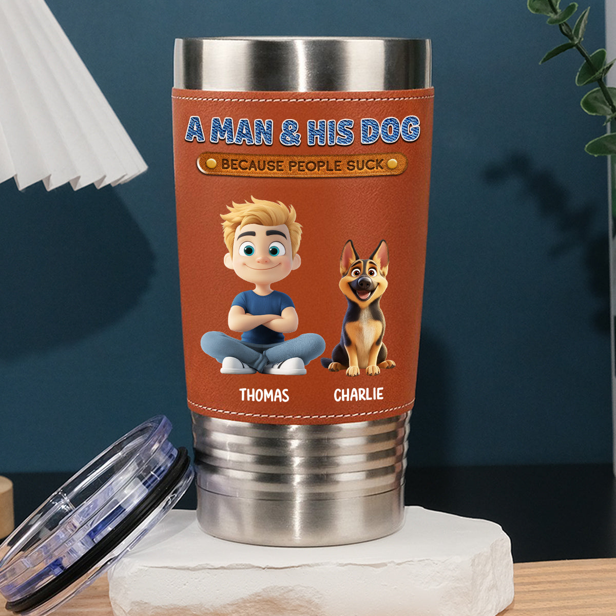 Custom Christmas Birthday Gifts For Dog Dad, Dog Lovers • A Gentleman And His Dog - Personalized Leather Tumbler