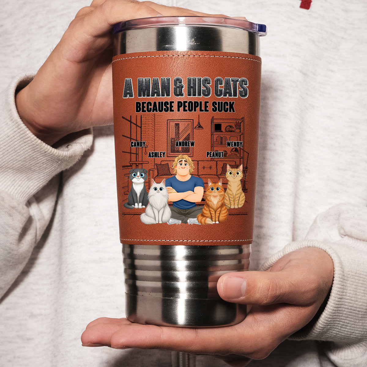 Custom Father's day Birthday Gifts For Cat Dad, Cat Lovers • Cat Over People - Personalized Leather Tumbler