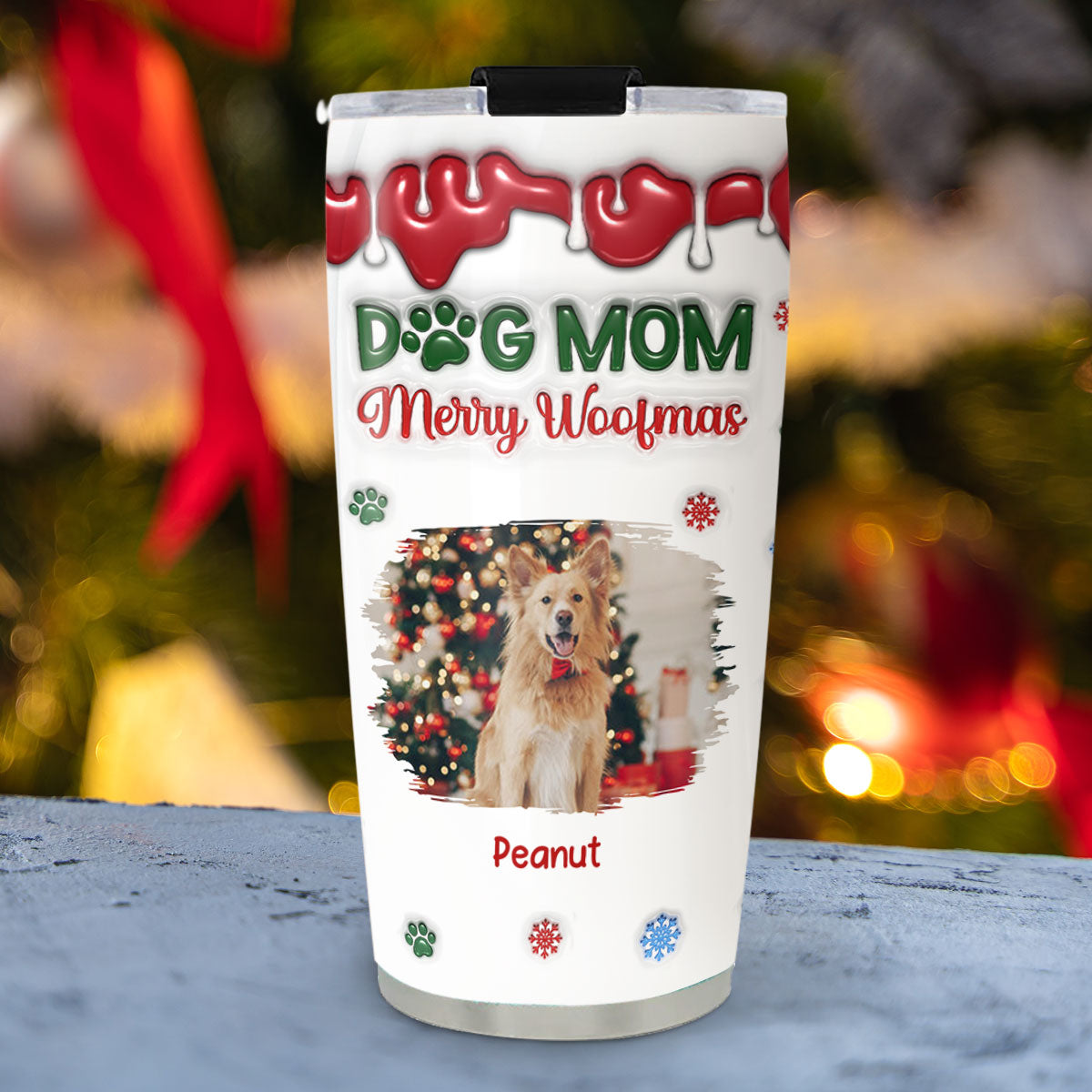 Custom Christmas Birthday Gifts For Pet Lovers • Merry Woofmas My Dog Mom Version Upload Photo - Personalized 3D Inflated Effect Tumbler