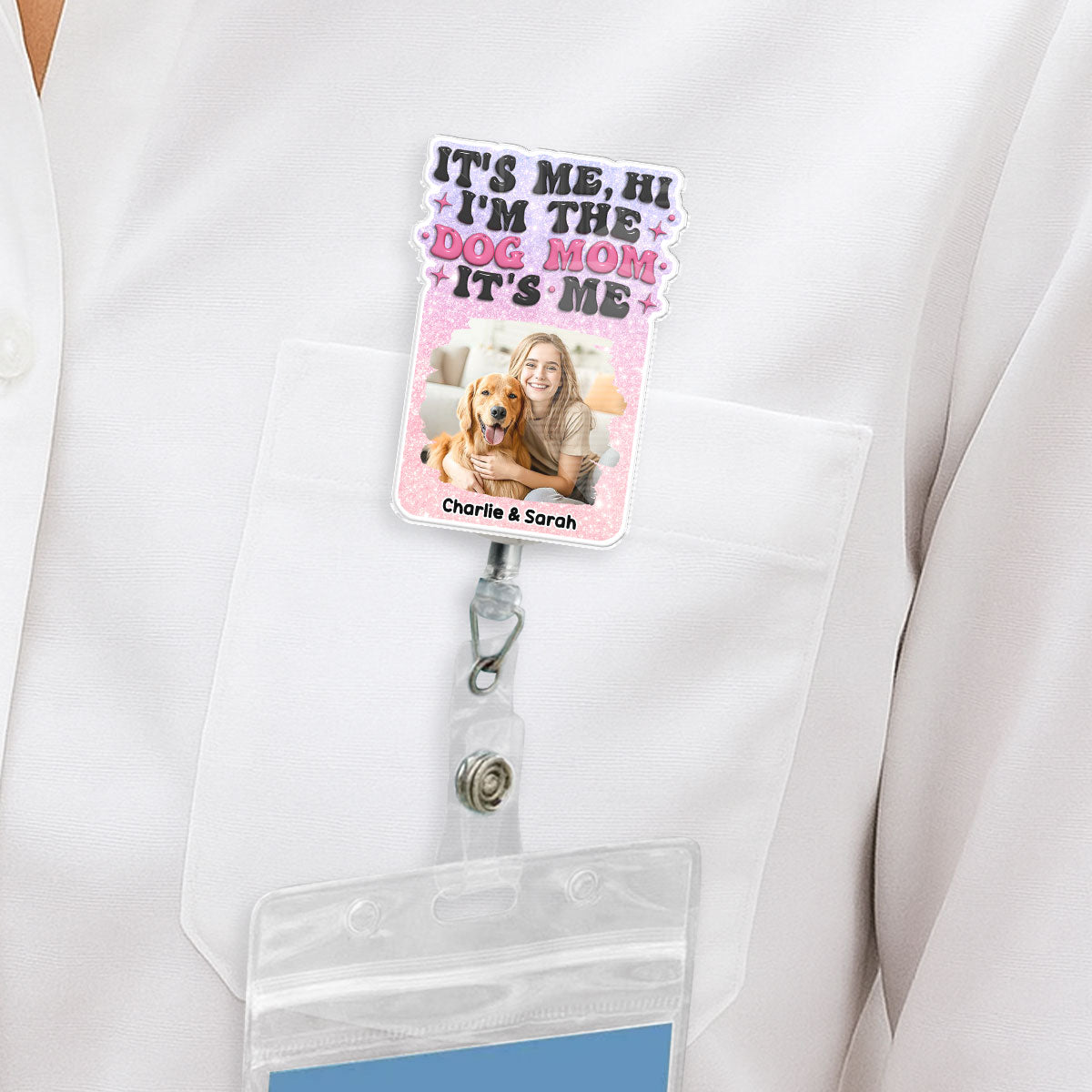 Custom Photo Funny Dog Mom Portrait ID Holder, For Graduation, Birthday • Dog Mom Is Me Photo - Personalized Acrylic Badge Reel