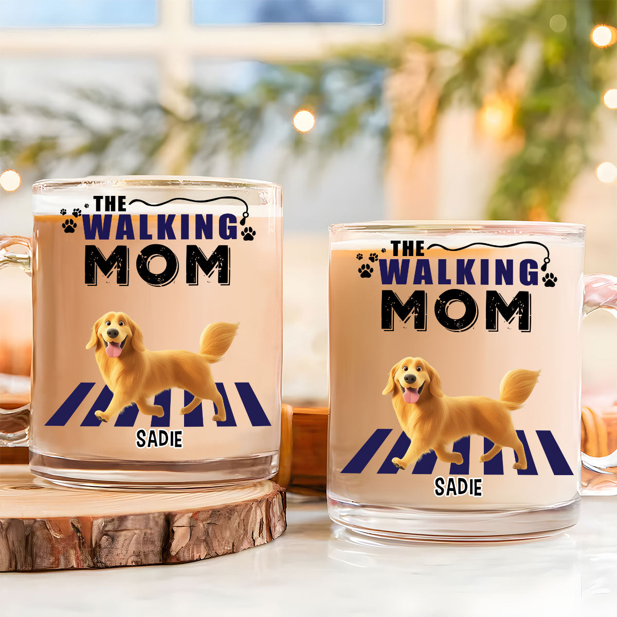 Custom Mother's day Birthday Gifts For Dog Mom, Dog Lovers • Walking Mom Cartoon - Personalized Glass Mug