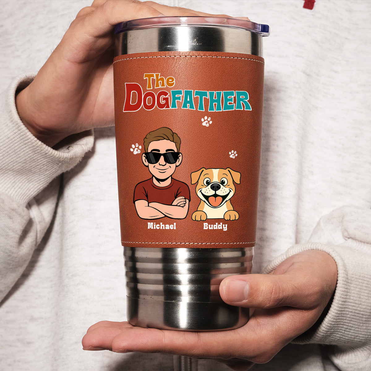 Custom Christmas Birthday Gifts For Dog Dad, Dog Lovers • Retro Dog Father - Personalized Leather Tumbler