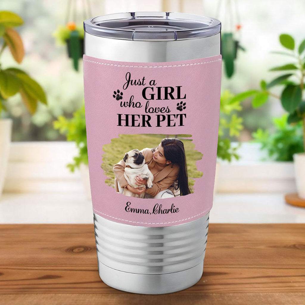 Custom Photo Christmas Birthday Gifts For Pet Mom, Pet Lovers • Pumskin Pet Autumn Photo - Personalized Pink Leather Tumbler