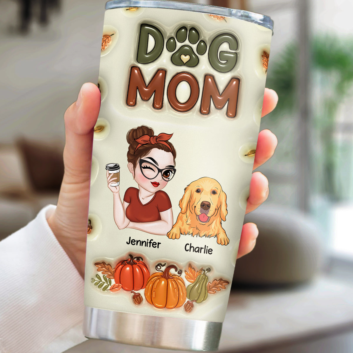 Custom Mother's day Birthday Gifts For Dog Mom, Dog Lovers • Dog Mom Autumn Version - Personalized 3D Inflated Effect Tumbler