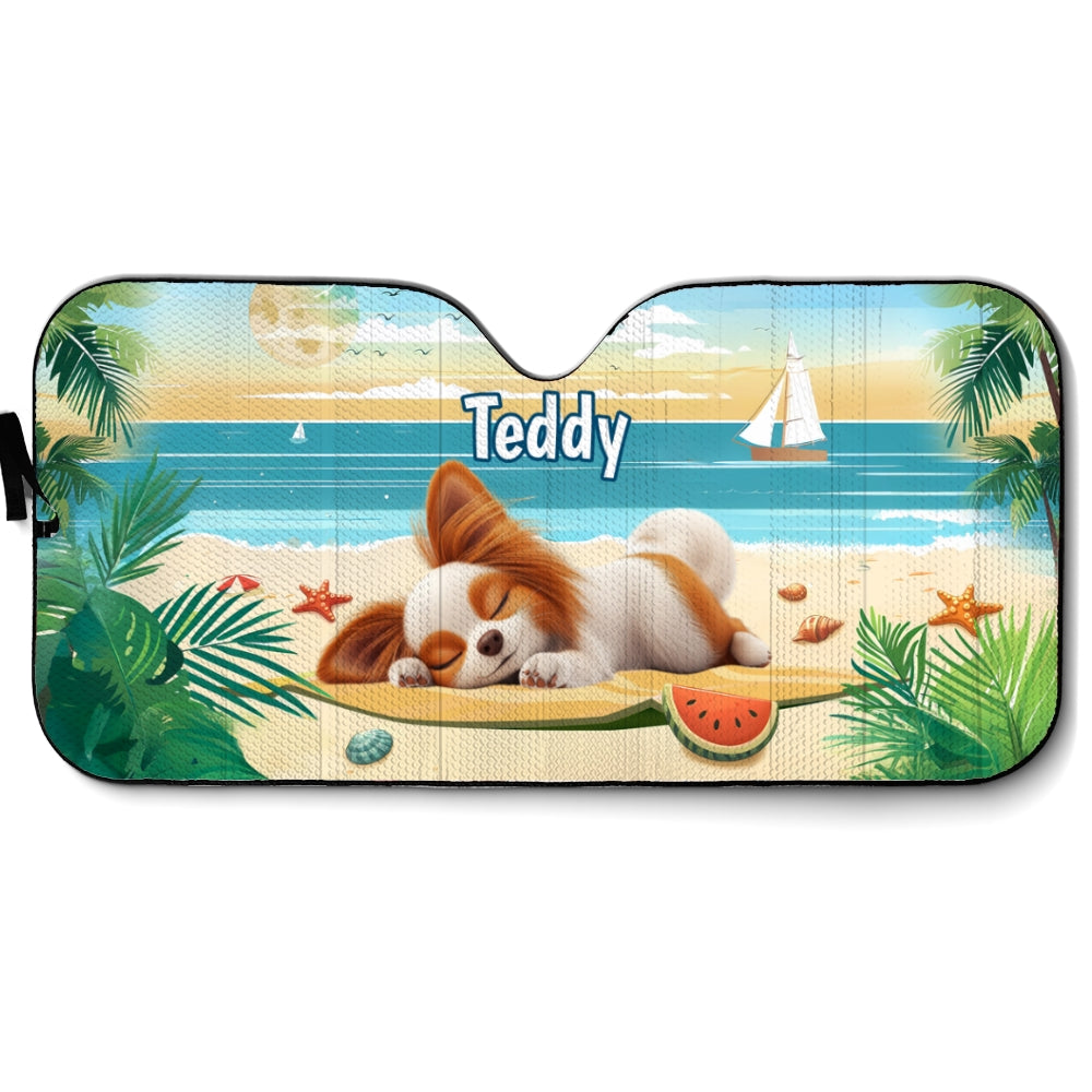 Custom Christmas Birthday Gifts Car Accessories for Dog Parents • Dog Relax On Beach - Personalized Car Sunshade