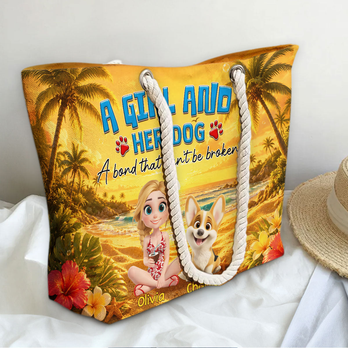Girl And Dog On Beach - Personalized Beach Bag