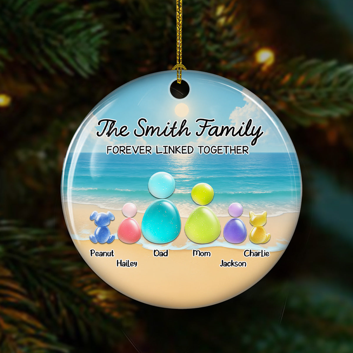 Custom Christmas Decor Home Birthday Gifts For Pet Lovers • Sea Glass Family With Pet - Personalized 3D Inflated Effect Ceramic Ornament